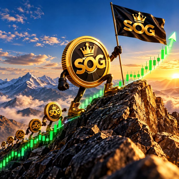 A gold "SOG" coin character with a crown holding a flag stands on a mountain peak, with smaller SOG coins climbing behind it alongside a rising green candlestick chart.