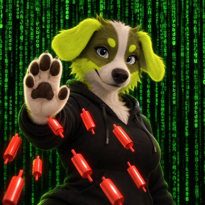 A digital illustration of a green and white dog character wearing a black hoodie with red squeeze bottle icons, set against a green Matrix-style digital rain background with 'robdog' text.