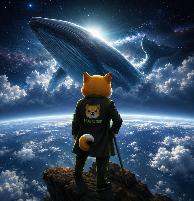 An anthropomorphic Shiba Inu dog wearing a green coat labeled "$BABYDOGE" stands on a rocky cliff gazing up at a massive whale swimming through cosmic clouds, symbolizing the journey from humble beginnings to becoming a "whale" in the crypto space—fitting the post's message that $BABYDOGE holders are future whales.