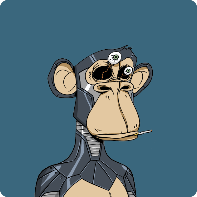 This artwork depicts a robot-like creature with monkey-like features, including large eyes, a wide smile, and an open mouth holding a toothbrush. The color scheme of the art piece consists primarily of shades of blue, gray, black, and yellow. A caption reading "Ape #2623 Buied for 11.8 ETH 0x32Ab...bb1E 0x03B6..." indicates that this piece is part of an auction or sale, likely at the Monke: opensea.io/collection/bor platform. The image focuses on the robot-like creature's monkey-like features and the context surrounding it, such as its price and value in a collection.