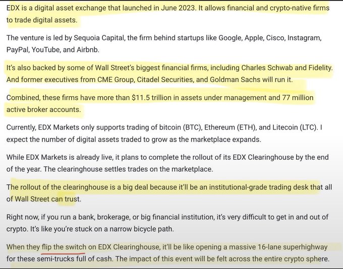 The image shows a highlighted article about EDX Markets, a digital asset exchange launched in June 2023, backed by Sequoia Capital, Charles Schwab, and Fidelity, with $11.5 trillion in combined assets under management and 77 million active brokerage accounts. The article explains that the exchange supports BTC, ETH, and LTC trading, with plans to roll out its EDX Clearinghouse by year-end, which will create an "institutional-grade trading desk" for Wall Street. This supports the post's claim by confirming Charles Schwab's backing of EDX Markets, though the image itself does not mention Ripple Prime or any integration with it.
