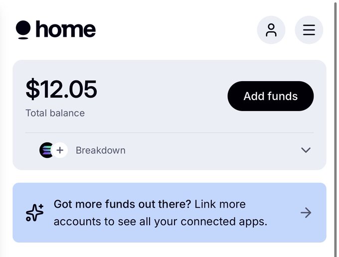 A mobile banking app interface showing a 'home' screen with a total balance of $12.05, an 'Add funds' button, and a prompt to 'Link more accounts to see all your connected apps.'