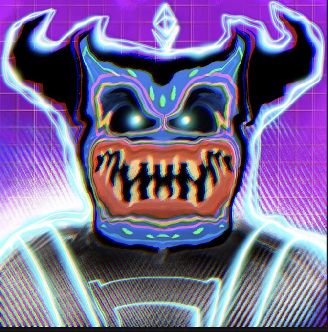 A distorted, glitch-art style digital portrait features a horned, demonic mask with glowing blue eyes and sharp teeth against a neon purple background with chromatic aberration effects.