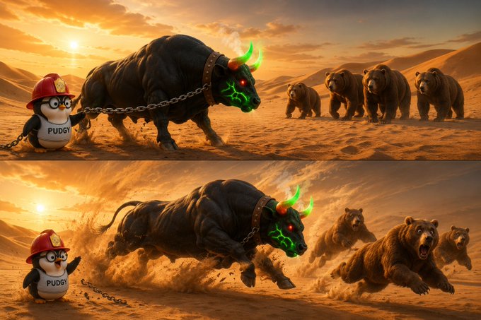 A two-panel illustration showing a bulldog in a firefighter helmet labeled 'PUDGY' chained to a massive demonic bull with glowing green horns, first calmly facing bears and then charging them through the desert sand.