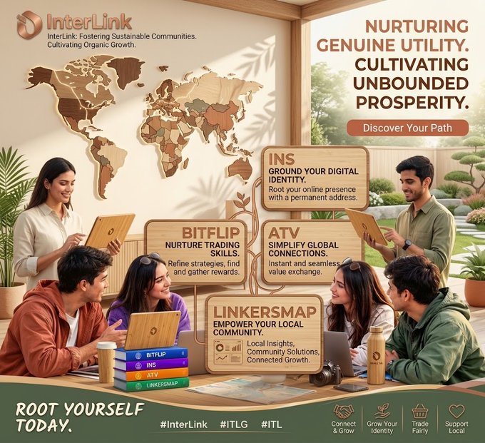 The image is a promotional graphic for InterLink, featuring four people gathered collaboratively around a wooden table with laptops, a world map on the wall behind them, and four branded boxes labeled Bitflip ("Nurture Trading Skills"), INS ("Ground Your Digital Identity"), ATV ("Simplify Global Connections"), and LinkersMap ("Empower Your Local Community"), with the headline "Nurturing Genuine Utility. Cultivating Unbounded Prosperity." and the call-to-action "Root Yourself Today."

The graphic visually reinforces the post's message about InterLink's real-world utility by highlighting its four key products—Bitflip, INS, ATV, and LinkersMap—as the foundational tools of its ecosystem, showing users actively engaging with the platform's diverse use cases from trading to community building.