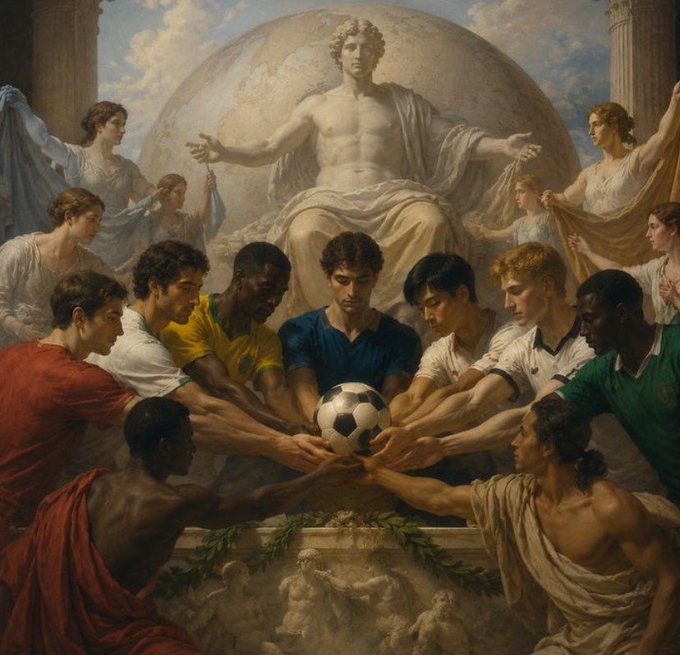 A classical Renaissance-style painting showing diverse soccer players in jerseys reaching toward a soccer ball, with a Greek/Roman statue figure presiding over them against a cloudy sky background.