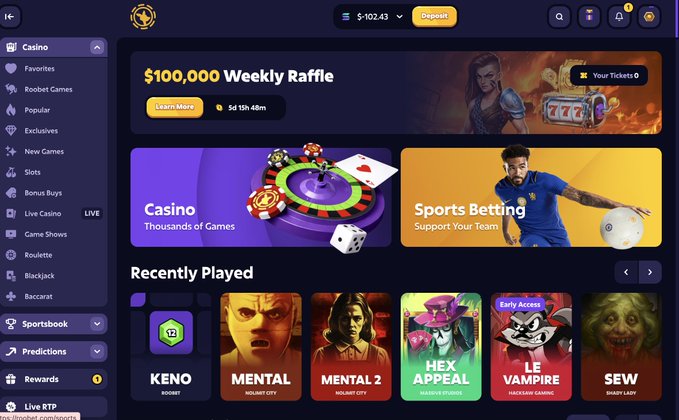 A screenshot of an online casino interface featuring a '$100,000 Weekly Raffle' banner, categories like 'Casino' and 'Sports Betting', and recently played games including 'KENO', 'MENTAL', 'MENTAL 2', 'HEX APPEAL', 'LE VAMPIRE', and 'SEW'.