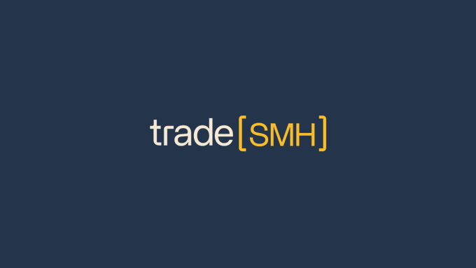 The image shows a logo for a trade-related business called "SMH". It features the text "trade" written in white letters above an image of the SMH symbol ( ). Below this, there is another piece of white text that reads "SMH(TM)". This combination of text and symbol is meant to convey the message of being active and available for trade. The color scheme of blue and white complements the overall design of the logo.