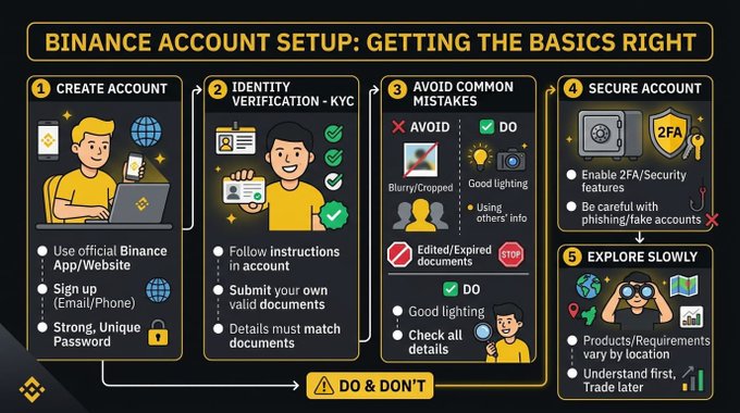 Infographic titled 'Binance Account Setup: Getting the Basics Right' outlining five steps: Create Account, Identity Verification, Avoid Common Mistakes, Secure Account, and Explore Slowly.