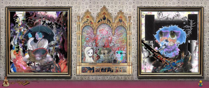 The image features three distinct paintings displayed side by side, each with a unique style and subject matter. The first painting depicts a woman wearing an umbrella, while the second portrays a man holding a cat. The third artwork showcases a bird perched on a branch. These paintings are part of a larger collection that includes other artworks as well. The post suggests that these paintings may be related to a specific theme or artist, but it does not provide enough information to determine the exact context or subject matter behind each piece.
