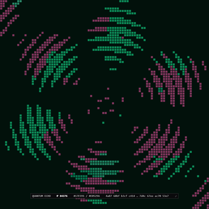 A dark digital artwork titled 'QUANTUM ECHO' featuring pixelated green and pink handprints arranged in a circular pattern with technical specifications and a hexadecimal string.