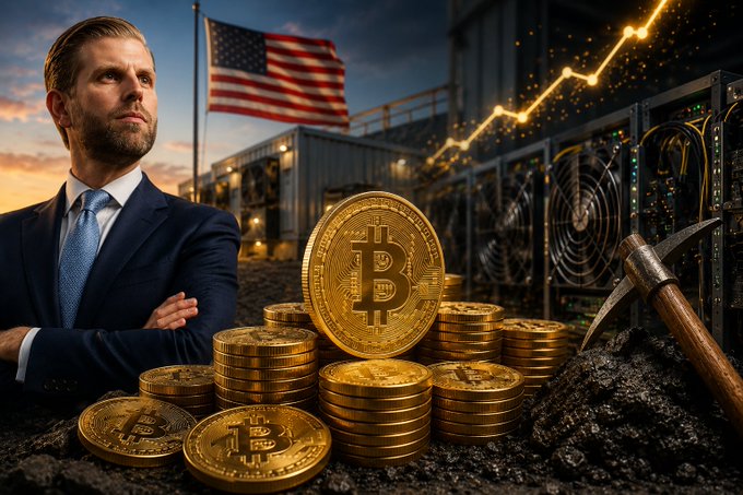 The image shows Eric Trump standing alongside stacks of Bitcoin and mining equipment with an American flag in the background, visually representing American Bitcoin—the mining co-founded by Eric Trump that has grown its holdings to 8,002 BTC.