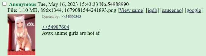 A 4chan-style anonymous post from May 16, 2023 featuring an anime catgirl image on the left, with quoted text reading 'Avax anime girls are hot af'.