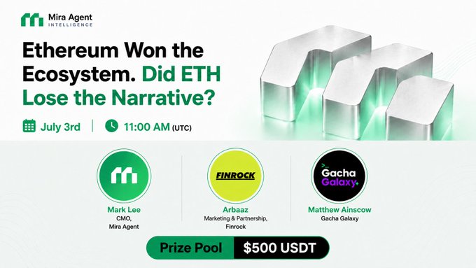 A promotional banner for a Mira Agent-hosted AMA titled "Ethereum Won the Ecosystem. Did ETH Lose the Narrative?" scheduled for July 3rd at 11:00 AM UTC, featuring speakers Mark Lee (Mira Agent), Arbaaz (Finrock), and Matthew Ainscow (Gacha Galaxy), with a $500 USDT prize pool. The graphic aligns with the post's discussion questioning whether ETH is capturing the value of its expanding Layer 2, DeFi, RWA, and stablecoin ecosystem.