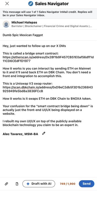 A LinkedIn Sales Navigator message from Michael Halepas to 'Dumb Spic Mexican Faggot' explaining smart contract bridge technology and Uniswap V3 swap routing for ETH transactions.