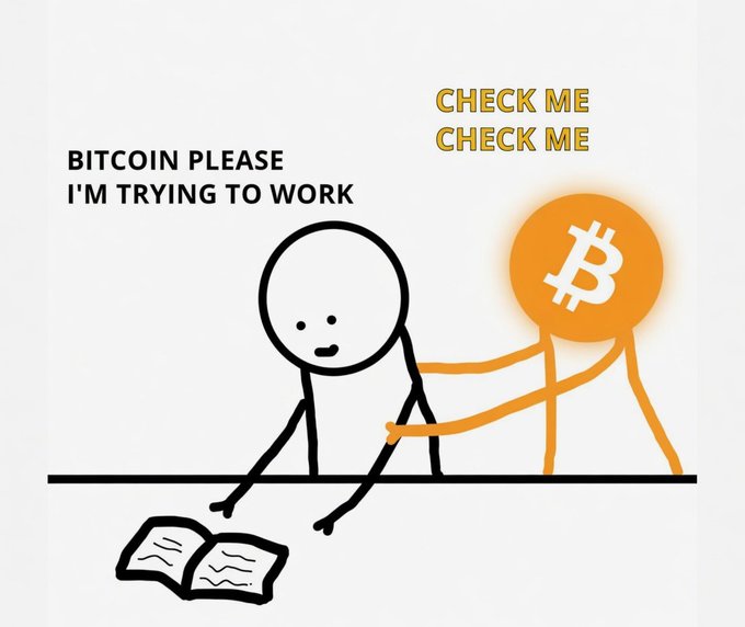 The image features a cartoon depiction of a person sitting at a desk, reading a book while another person holds an orange Bitcoin symbol over their head with the text "Check me!". The scene suggests that someone might be trying to explain or promote Bitcoin using this humorous approach.