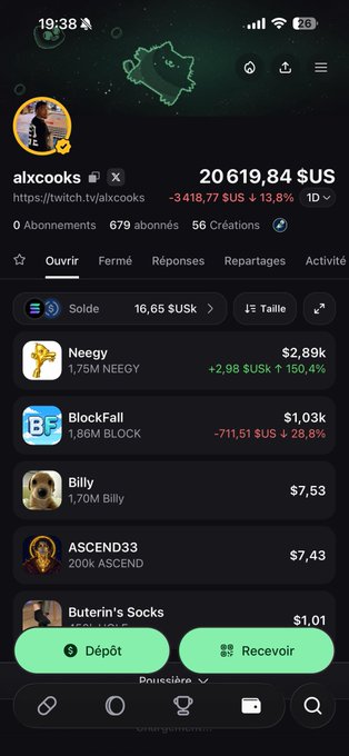 A screenshot of the "alxcooks" Twitch profile showing a balance of $20,619.84 with a recent -$3,418.77 (-13.8%) loss, displaying a portfolio of memecoins including NEEGY (+150.4%), BlockFall (-28.8%), Billy, ASCEND, and Butterin's Socks, illustrating the volatile social trading experience the post highlights about PumpFun.