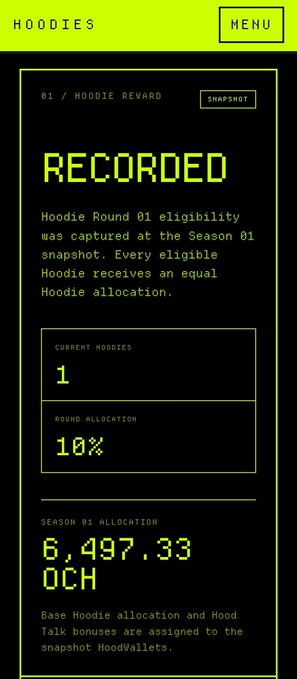 A mobile app screen displaying a 'RECORDED' Hoodie Round 01 eligibility status, showing 1 current hoodie, a 10% round allocation, and a Season 01 allocation of 6,497.33 OCH tokens.