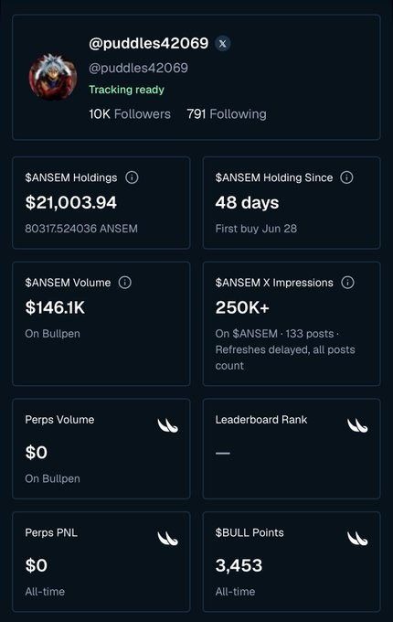 A tracking dashboard for @puddles42069 showing $ANSEM Holdings of $21,003.94 (80317524036 ANSEM), held for 48 days, with $146.1K volume on Bullpen and 250K+ $ANSEM X impressions.