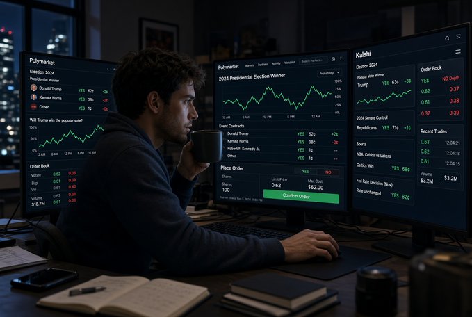 Scene of a man sitting in a dark room holding a mug, looking at three computer monitors displaying Polymarket and Kalshi prediction market interfaces for the 2024 Presidential Election Winner.