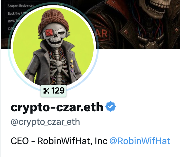 The image shows a Twitter/X profile for "crypto-czar.eth" (@crypto_czar_eth), who describes their role as "CEO – RobinWifHat, Inc," with a skeleton avatar wearing a beanie and featuring a red "X" over one eye, set against a backdrop referencing "Seaport Residences" and other crypto-related terms.

The caption relates to the post's warning about caution, as the profile depicts a "czar" figure representing leadership behind a project ("RobinWifHat, Inc") that allegedly "pulled the rug" and closed its X account, symbolizing the deceptive nature of such crypto ventures.