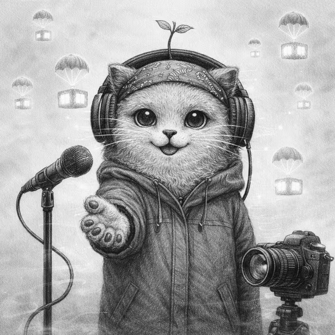 A black-and-white sketch features an adorable cartoon cat wearing a hoodie, headphones, and a bandana, standing at a microphone with a camera nearby and tiny parachuting NFT boxes in the background—relating to the post by depicting a cute NFT character that was just airdropped.