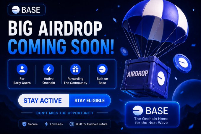 The image features an advertisement for airdrop services, with a large blue and white parachute flying over a box filled with coins. The text on the poster reads "Big Airdrop Coming Soon! Stay active. Don't miss the opportunity. Base.com/airdrop". This suggests that the post is promoting an upcoming airdrop service or campaign related to cryptocurrency.