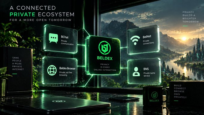 A futuristic “Connected Private Ecosystem” graphic centers on BELDEX and its “Privacy in every online interaction” vision, with BChat (“Private communication”), BelNet (“Private connections”), Beldex Browser (“Private, ad-free browsing”), and BNS (“Private name service”). It illustrates how BeldexCoin is building a broader privacy-focused ecosystem beyond its token.