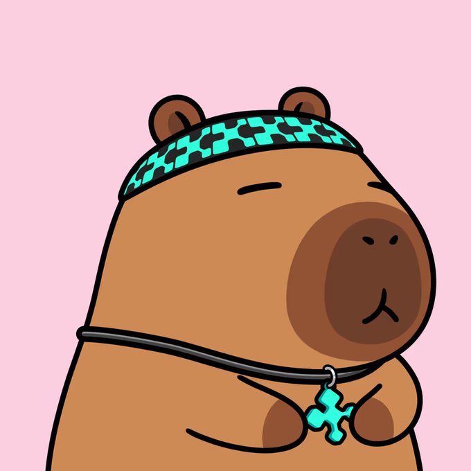 An illustration of a cute brown capybara wearing a teal patterned headband and a matching cross-shaped pendant necklace against a pink background.