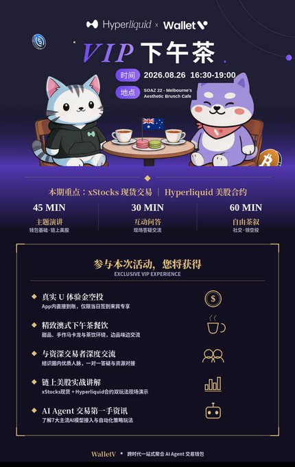 Promotional graphic for the Hyperliquid × WalletV VIP Afternoon Tea event, featuring two cartoon cats (a cat and dog) enjoying tea with Australian flags, scheduled for August 26, 2026, 16:30-19:00 at 50AZ 22 in Melbourne's Aesthetic Brunch Cafe, offering a 150-minute agenda covering xStocks spot trading (45 min), interactive Q&A (30 min), and a free open talk (60 min), with exclusive perks including real U-funded accounts, gourmet food, networking, and on-site xStock lectures from Hyperliquid.