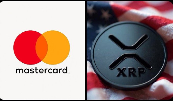 The image features a logo for Mastercard and an American flag, both of which are prominently displayed against a gray background. The Mastercard logo is positioned above the American flag, with the text "MASTERCARD" written below it. Below the Mastercard logo, there's a black coin labeled "XRP". The image also includes a caption that reads: "BREAKING: MASTERCARD just announced it will all allow AI agents to transact us using XRP AI agents could send and settle value using XRP the next evolution of digital payments is unfolding".