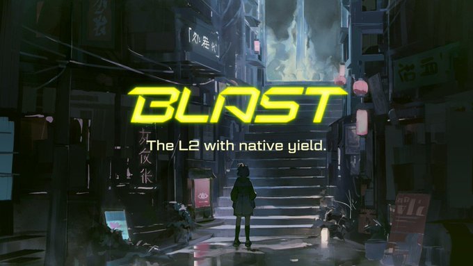 A promotional graphic displays the text 'BLAST' and 'The L2 with native yield' over a cyberpunk-style anime illustration of a figure standing before a neon-lit city street and stairs.