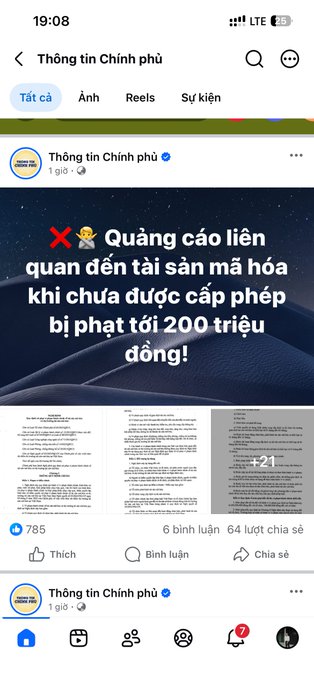 A Facebook screenshot from the Vietnamese government page "Thông tin Chính phủ" (Government Information) displays a warning that unlicensed crypto advertising can be fined up to 200 million VND, supporting the caption's claim about Vietnam's crackdown on cryptocurrency promotions.