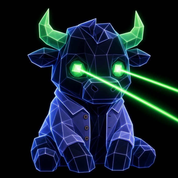 A geometric, low-poly 3D render of a blue bull with glowing green horns and green laser eyes shooting outward against a black background.