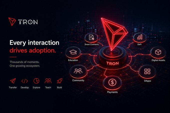 Another TRON promotional graphic states "Every interaction drives adoption," featuring the TRON logo connected to icons for Smart Contracts, DeFi, Digital Assets, DApps, Payments, Community, and Education.