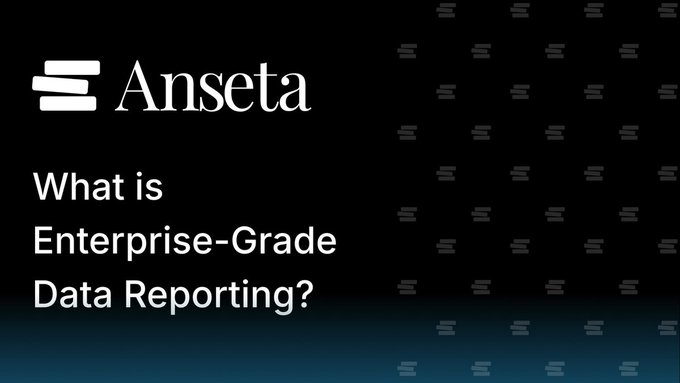 A title card for Anseta reading 'What is Enterprise-Grade Data Reporting?' on a dark background with a subtle equal sign pattern.