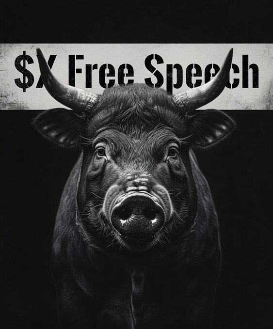 A black and white image shows a bull's face staring directly forward with text across the top reading '$X Free Speech'.
