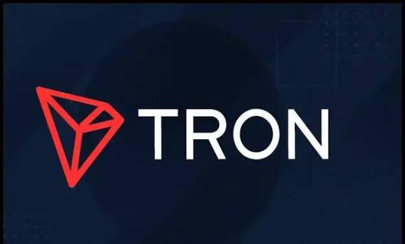 The TRON logo featuring a red geometric triangular symbol next to white 'TRON' text on a dark blue background.
