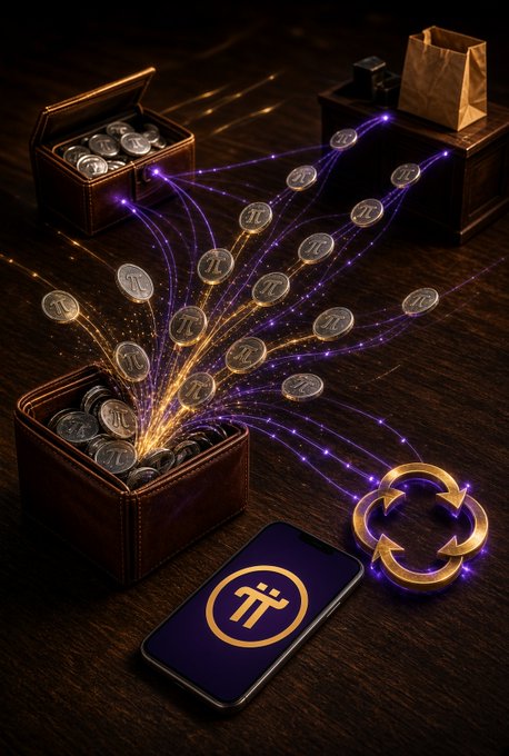 The image depicts a smartphone displaying the Pi (π) logo, alongside a leather wallet filled with Pi coins bursting out in glowing arcs that connect to a treasure chest, a paper bag, and a circular exchange/refresh icon—symbolizing Pi's expanding reach across multiple real-world destinations. The accompanying text emphasizes that Pi's true value lies not in any single application but in its non-custodial ability to connect to many places, visually mirrored by the coins fanning out to various endpoints like shops, storage, and exchanges.