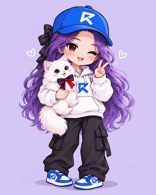 An anime-style illustration depicts a cheerful girl with long purple hair wearing a blue cap and white hoodie, holding a white cat adorned with a red ribbon.