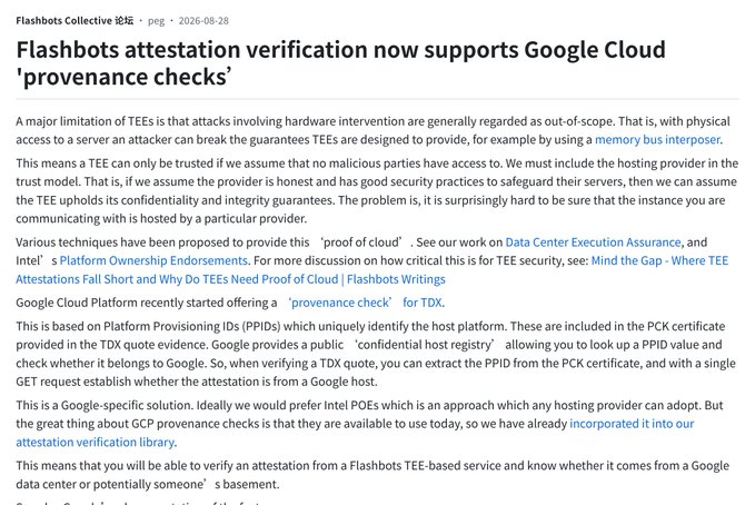 A blog post screenshot from Flashbots Collective titled 'Flashbots attestation verification now supports Google Cloud 'provenance checks'' discussing TEE security and Google Cloud Platform provenance IDs.