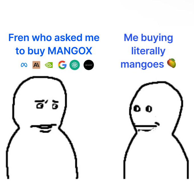 The image features two black and white line drawings of people, each with a caption below them that reads "Me buying MNGOOS literally". The first person's face is drawn above the text "Fren who asked me to buy MNGOX", while the second person's face is drawn below the text "Me buying MNGOES literally". Both drawings have a humorous tone, as if they are making fun of each other.