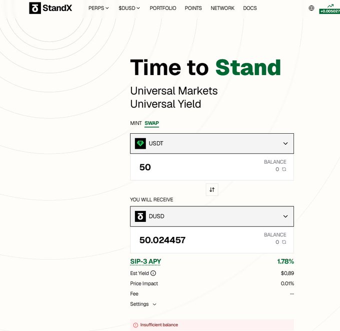 A screenshot of the StandX website showing a token swap interface with the text 'Time to Stand, Universal Markets Universal Yield,' swapping 50 USDT for approximately 50.024457 DUSD at 1.78% APY.