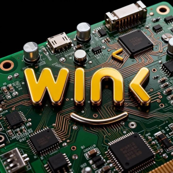 A 3D-rendered image of a green circuit board with electronic components, featuring the word 'wink' displayed in glossy yellow letters with a smile beneath it.