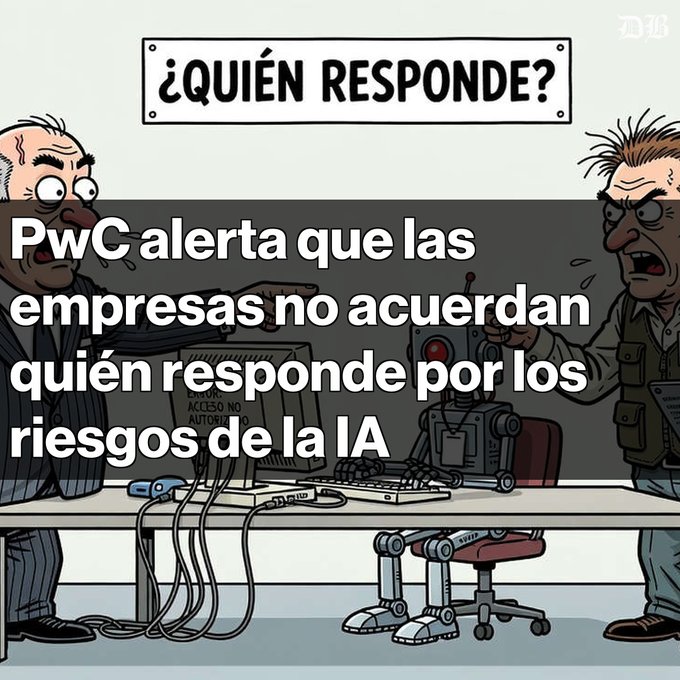The image is a cartoon-style illustration showing two exasperated men pointing at each other across a desk cluttered with computer equipment, with a sign above reading "¿QUIÉN RESPONDE?" (Who is responsible?), overlaid with the headline "PwC alerta que las empresas no acuerdan quién responde por los riesgos de la IA." This visually reinforces the article's message about companies lacking clear accountability for AI agent risks, with both figures appearing to blame the other, mirroring the survey statistic that 11% of organizations report unclear responsibility for AI risks.