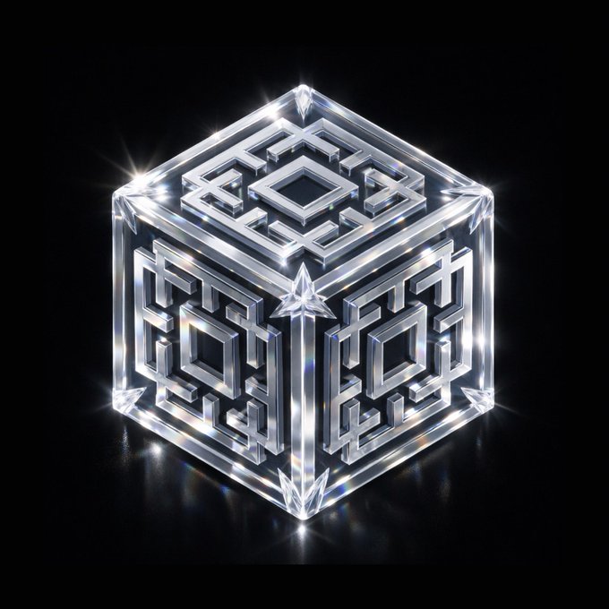 A transparent, glowing crystal cube with intricate geometric patterns carved into each of its visible faces, set against a black background.
