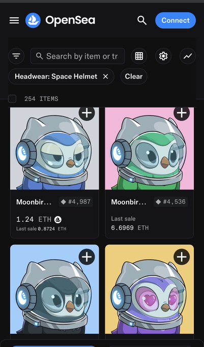 OpenSea NFT marketplace mobile screenshot displaying a collection of 254 'Moonbirds' NFTs with Space Helmet headwear, showing items priced in ETH with various bird characters in different colored spacesuits.