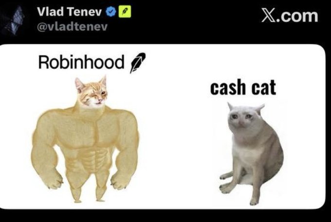 A buff "Robinhood" cat (labeled with the feather logo) stands next to a "cash cat" in a meme posted by Vlad Tenev (@vladtenev), illustrating Robinhood App's growing crypto partnerships—including support from @solana, @Pumpfun, and @OKX—bolstering the publicly listed company's market position.