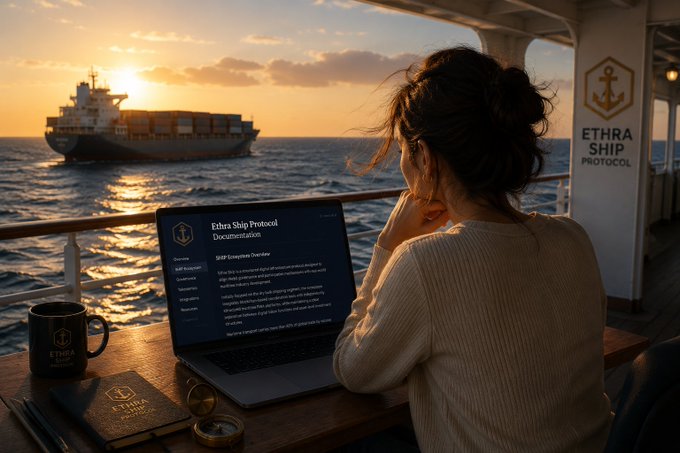 A scenic image of a woman working on a laptop displaying 'Ethra Ship Protocol Documentation' while overlooking a cargo ship at sunset, with an Ethra Ship branded mug and passport on the table.