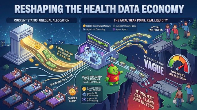Infographic titled 'Reshaping the Health Data Economy' illustrating the unequal allocation of health data infrastructure and value, highlighting real liquidity challenges and tokenomics risks with cartoon characters representing data streams and end buyers.